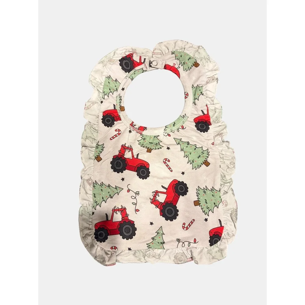 Holiday Red Tractor Christmas Tree‎ Ruffle Baby Bib Snap Closure White